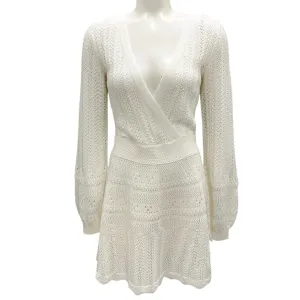 Alexis White Long Sleeved V-Neck Crochet Knit Mini Dress