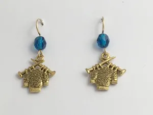 Gold tone Pewter & 14kgf sweater w/knitting needles dangle earrings, knit, yarn