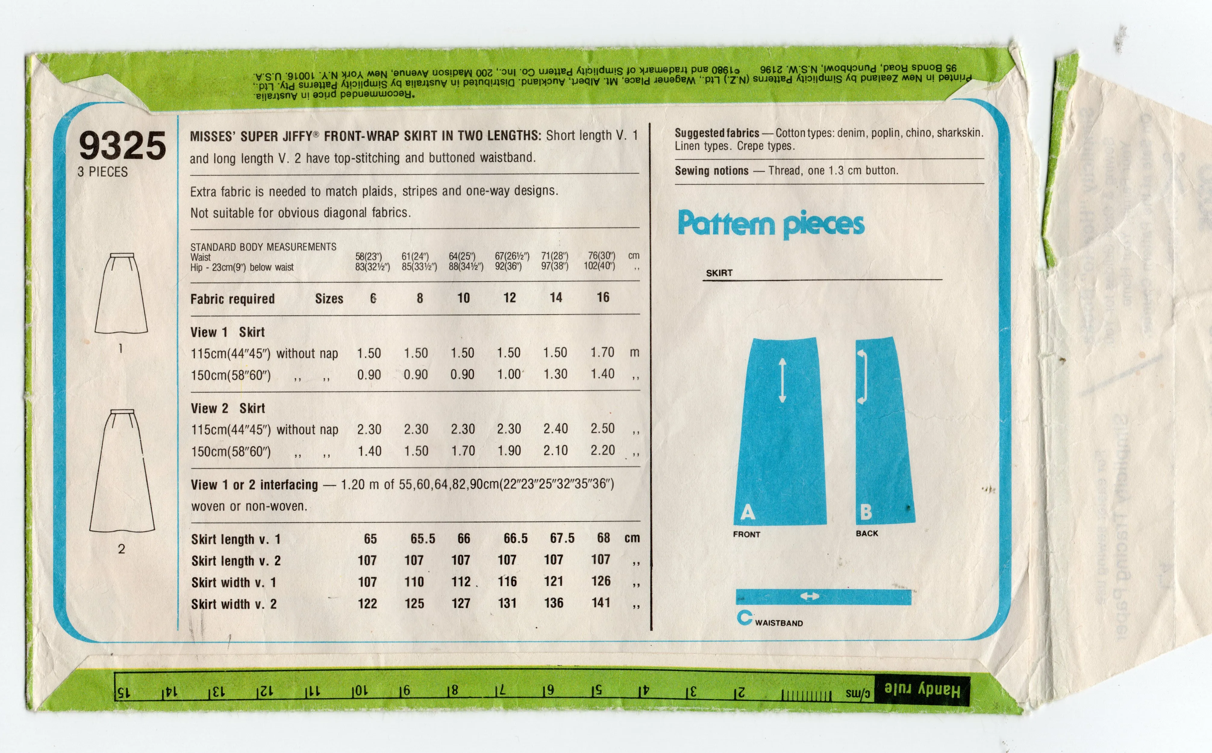 Simplicity 9325 Womens SUPER JIFFY Wrap Skirt 1980s Vintage Sewing Pattern Size 14 Waist 28 inches