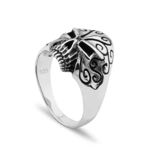 Small Floral Skull Design Sterling Silver Biker's Ring