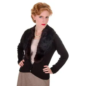 Vintage Black Sweater w/Dark Brown Fur Shawl Collar 1950s M