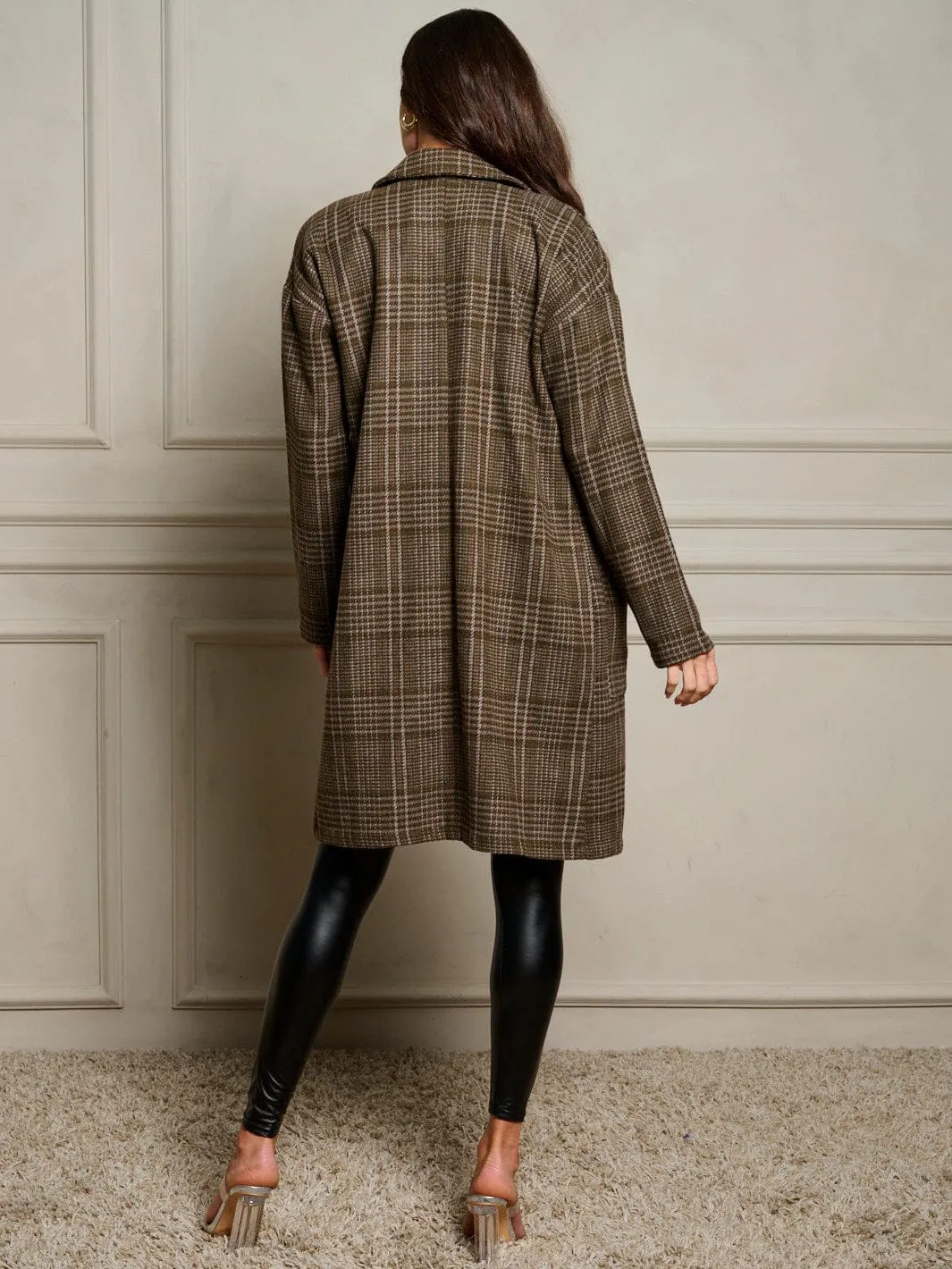 WOMEN'S LONG SLEEVE BUTTON CLOSURE POCKETS PLAID COAT