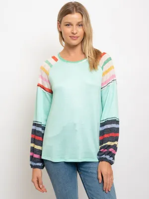 WOMEN'S MULTI COLOR STRIPES PUFF SLEEVES TOP
